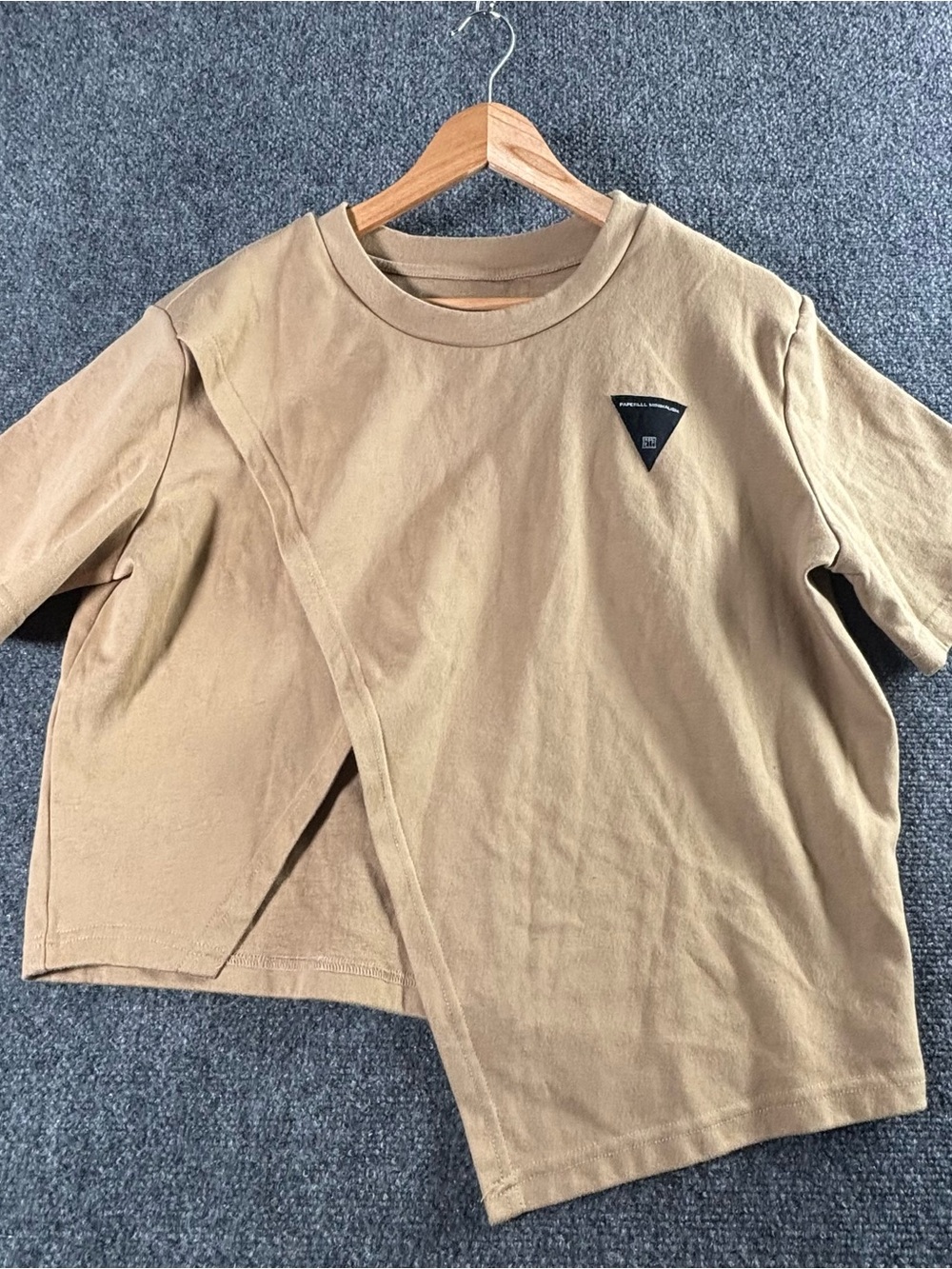 Paperlll Asymmetrical Crewneck T-Shirt - Tan with Triangle Patch